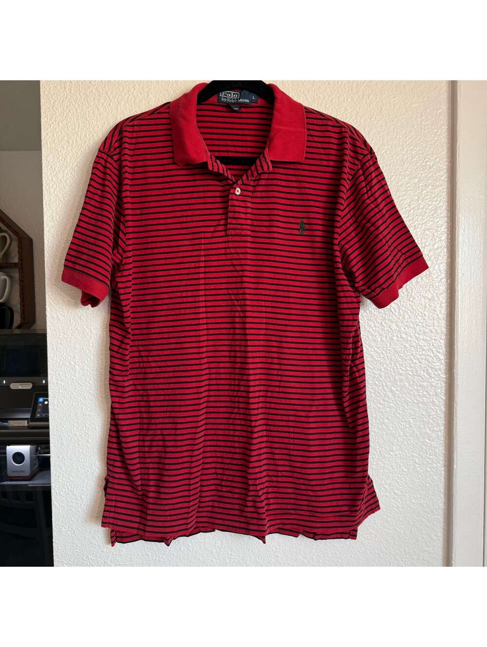 Polo Ralph Lauren Men’s L Red Black Striped Polo Shirt 100% Cotton Pony